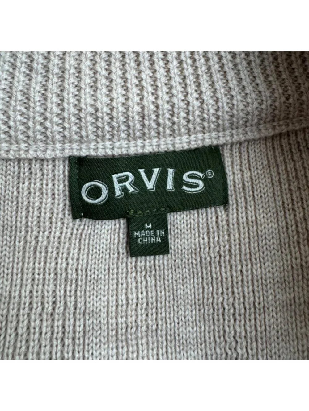 Orvis 100% Merino Wool Full Zip Beige Cardigan Men's Med Elbow Patches Academia